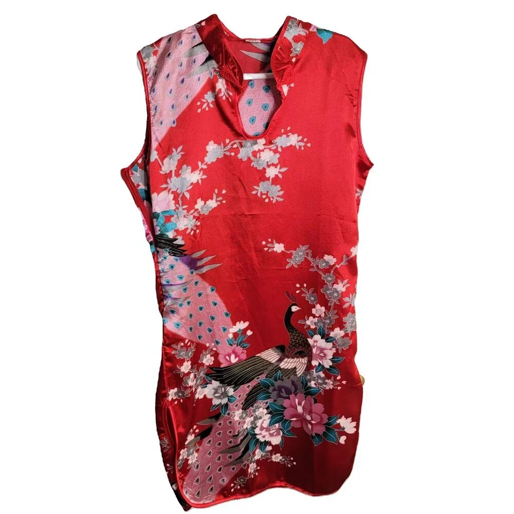 Wudiemi Chinese Peacock Sleeveless Dress Mandarin Collar Red Pink Size 8/10